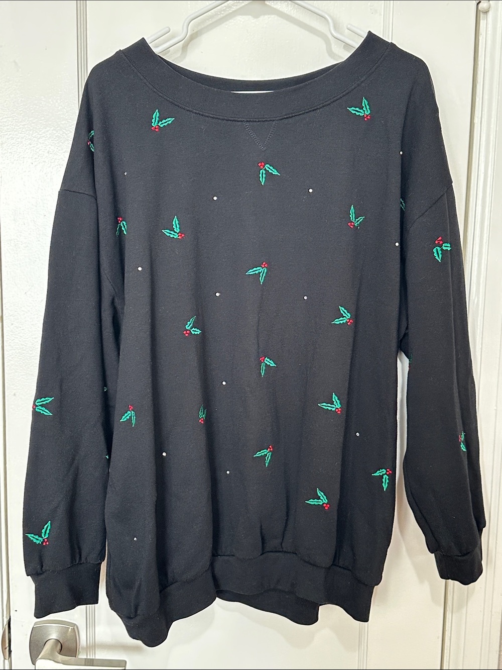 Quacker Factory Black Sweatshirt with Mistletoe embroidery